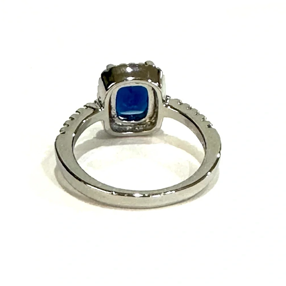 Tibetan Silver stamped .925 stimulated sapphire 6x8mm‎ zirconia halo 7.5 8 8